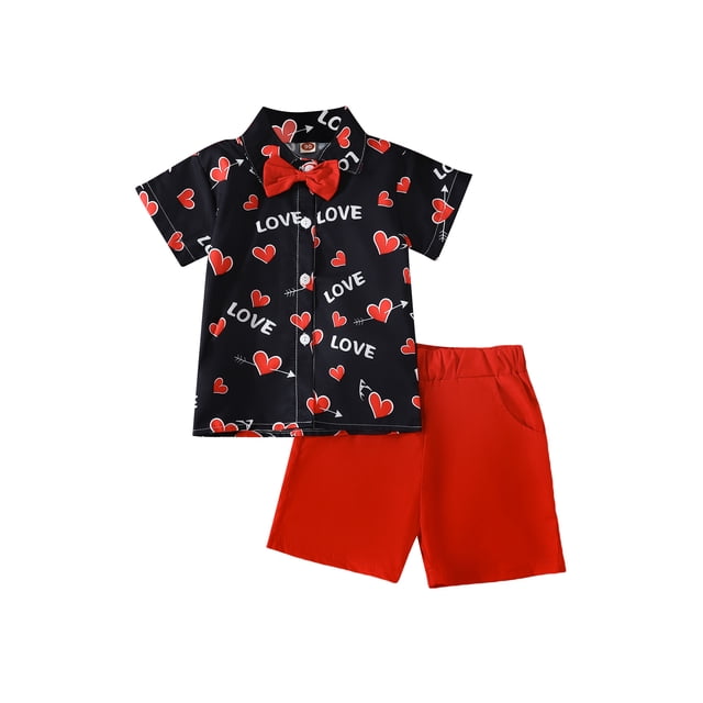 Diconna Tenues de la Saint-Valentin pour Garçons, Ensemble de Vêtements 2 Pcs avec Haut à Manches Courtes avec Nœud Papillon et Shorts Rouges