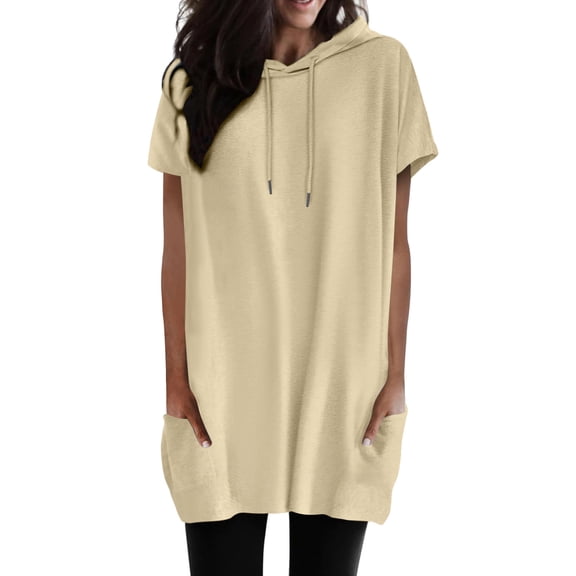 RUTAYY Women Summer Casual Short Sleeve Solid Color Hooded Long Double Pocket Tshirt Tops Elegant Chic Tshirts