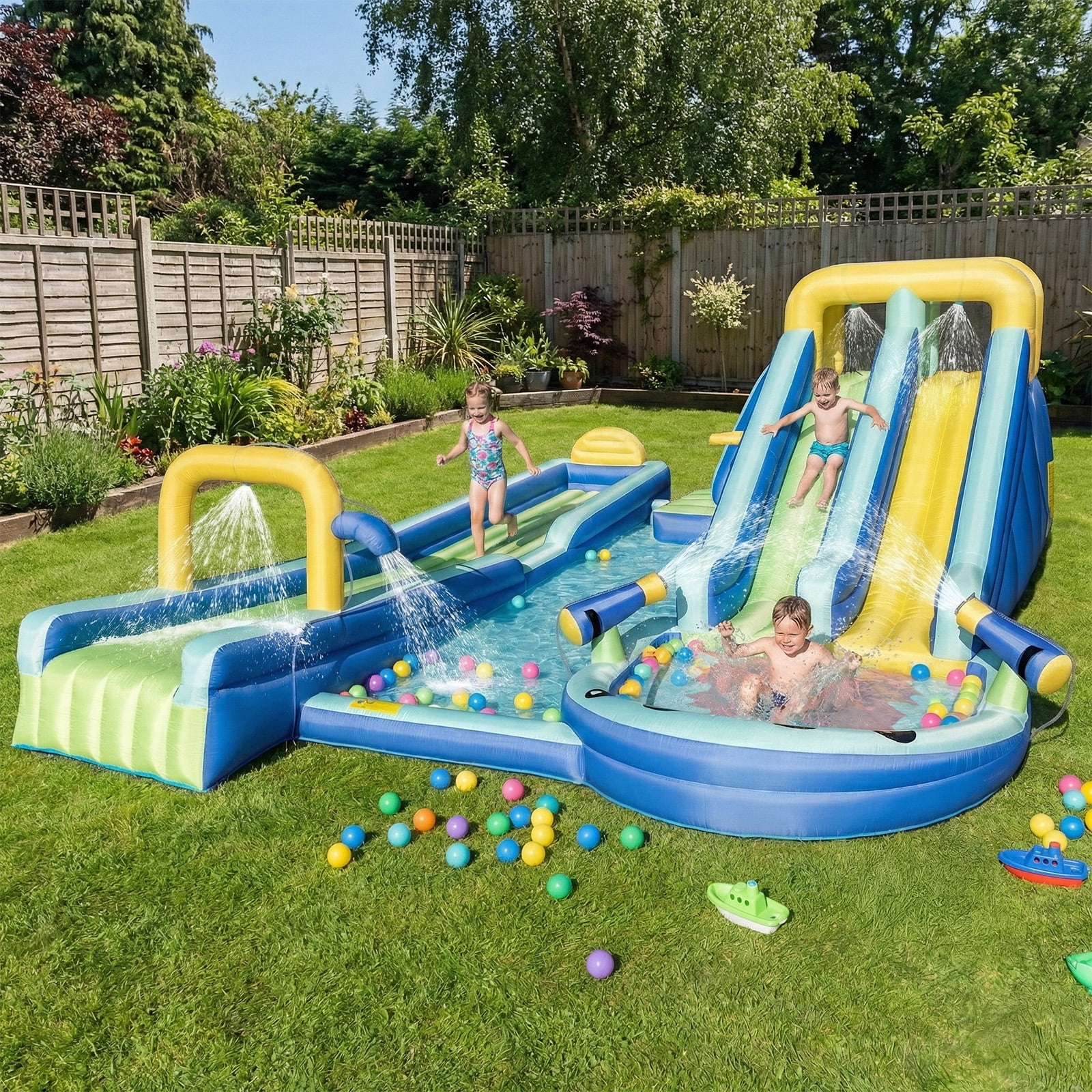 Ktaxon 8-in-1 Inflatable Water Slide Bounce House with Blower, 232" x 177" x 83", Shark Themed Water Park, Dual Slide & Long Slide for Kids Backyard