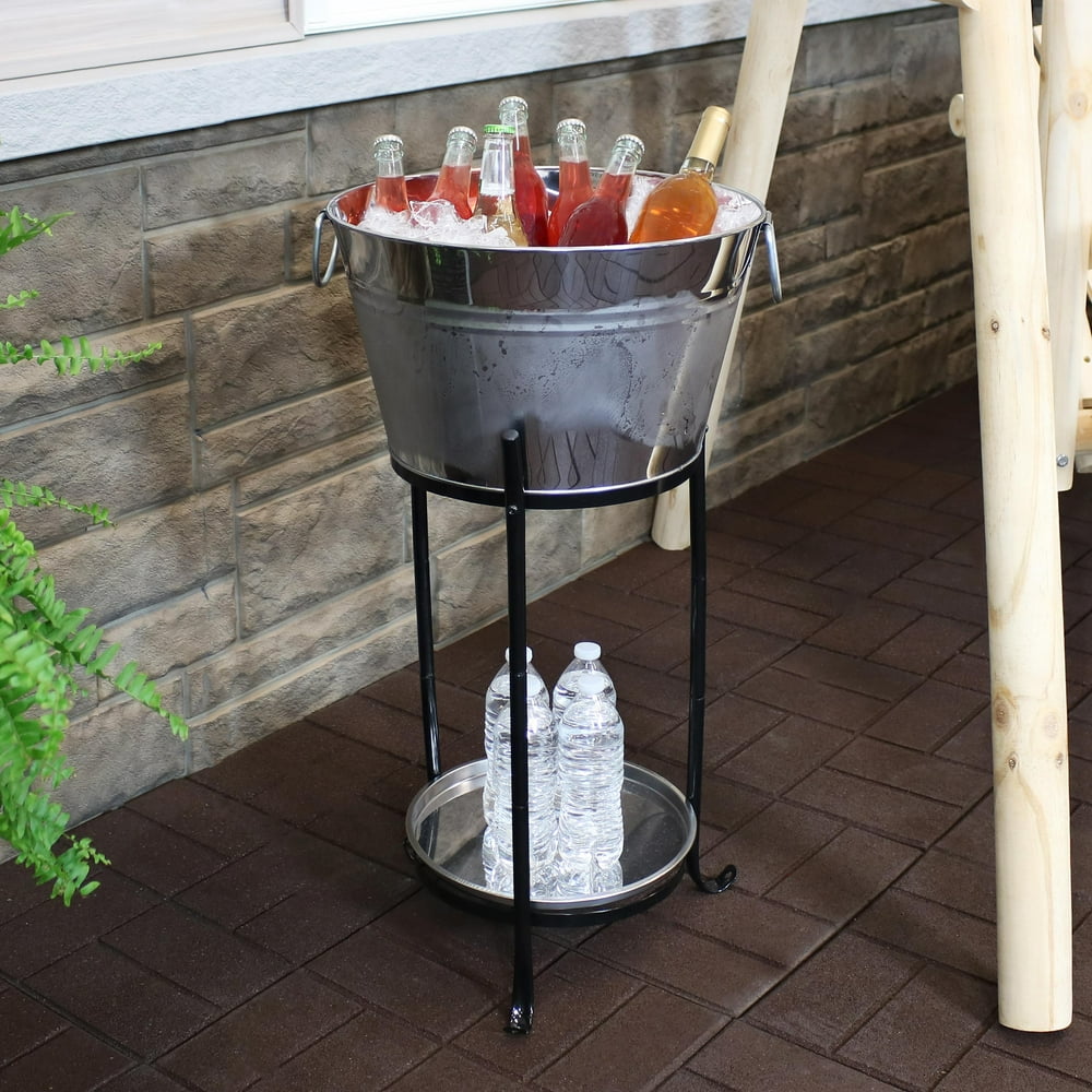 Sunnydaze Ice Bucket Drink Cooler with Stand and Tray for Parties, Stainless Steel, Holds Beer