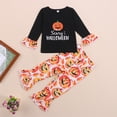 thumbnail image 3 of Toddler Baby Girls 2Pcs Halloween Outfits Long Sleeve Ruffle Letter Print Tops + Floral Pants Set, 3 of 7