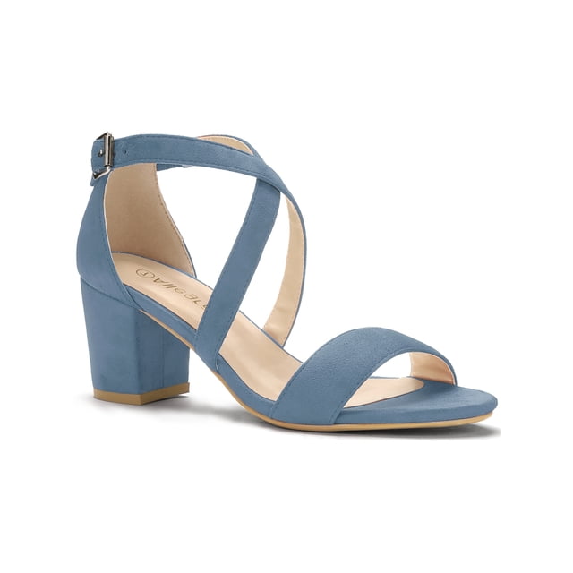 BLISSFUL STEP Women's Open Toe Cross Strap Mid Block Heel Sandals Haze Blue 10