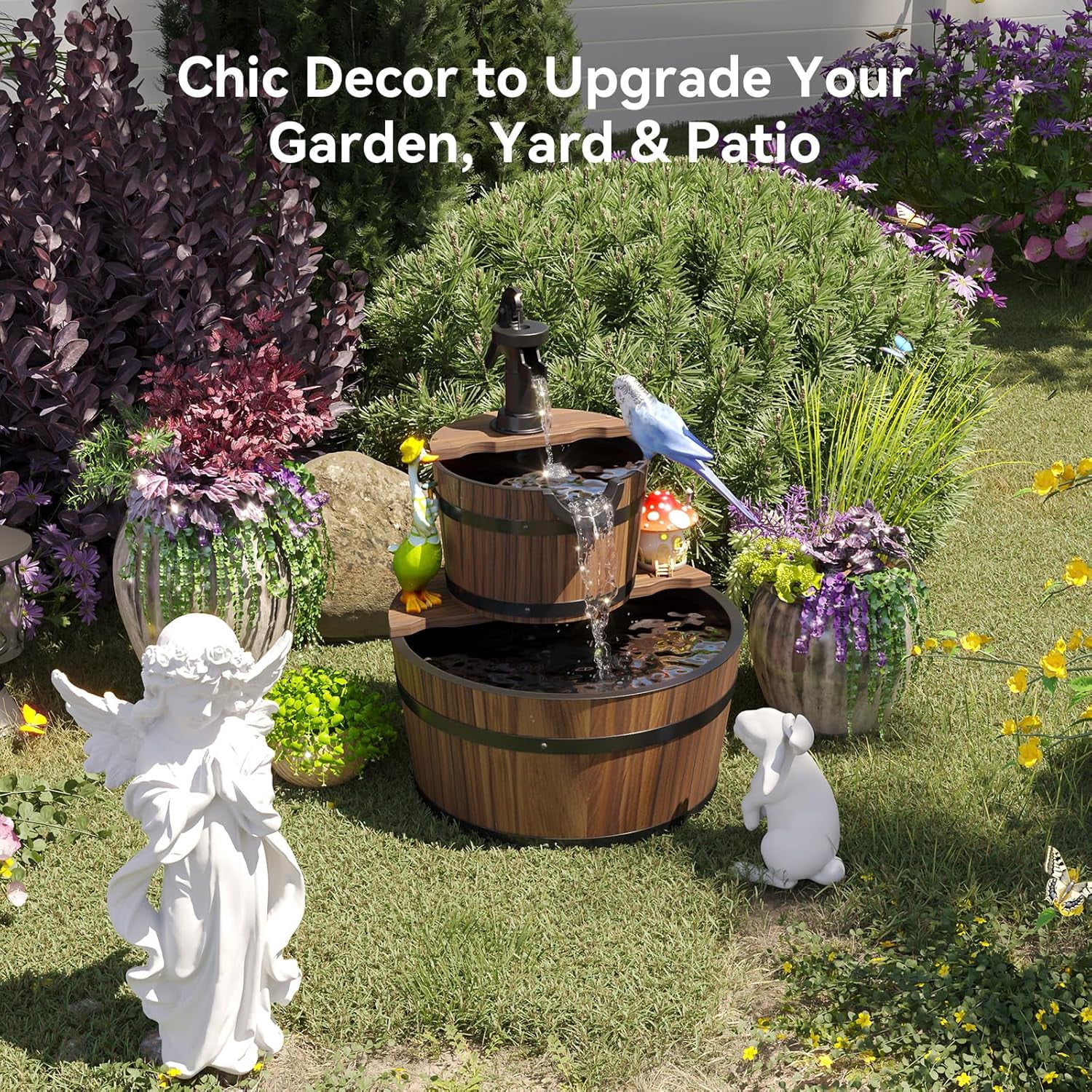 ZJTER 2-Tier Outdoor Water Fountain, Wood Barrel Cascading with Electric Decorative Hand Pump, Rustic Waterfall Fountain for Garden, Backyard, Patio, Porch, Yard