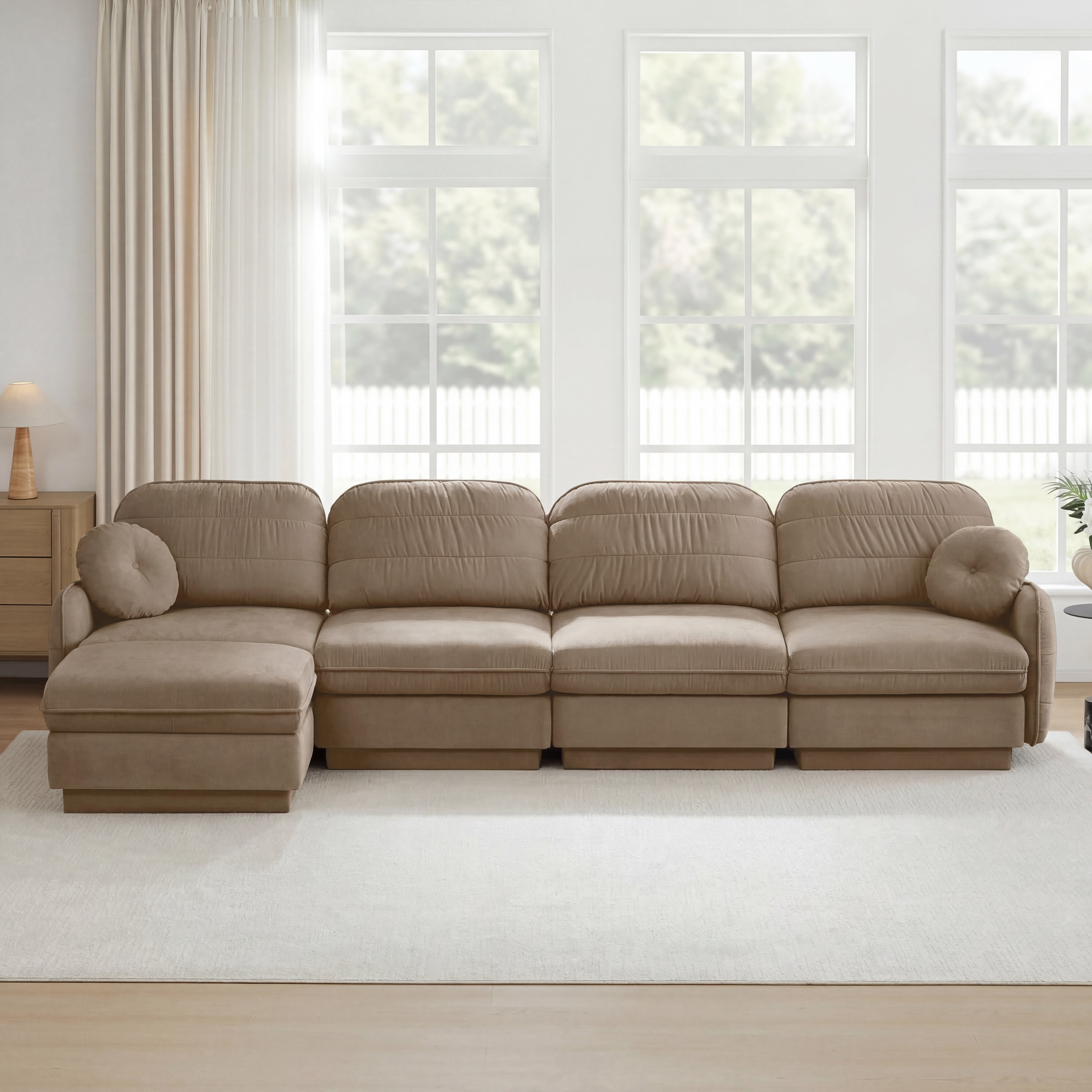 Mintazer 137" Chenille Cloud 4-Seater Modular Sectional Sofa with Movable Ottoman & Round Pillows, L-Shaped Ergonomic Sofa Couch for Living Room, Apartment, Light Coffee