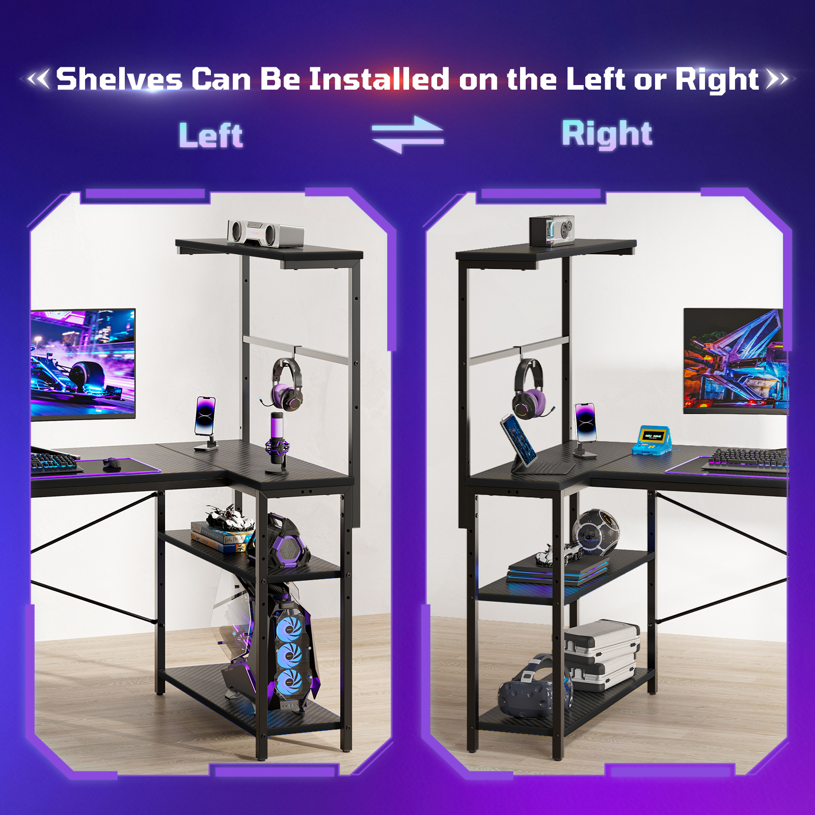 RSPGAME 41" L-Shaped Gaming Desk with LED, Black photo 7