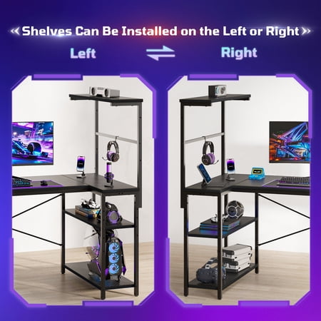 RSPGAME 41 inch Small L-Shaped Gaming Desk Home Office PC Table with LED Lights, Carbon Fiber Black