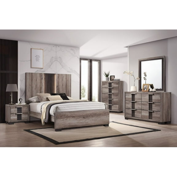 4Pc Beautiful Master Bedroom Suite Gray/Black Finish Queen Size Sleek Bed Set Solid Wood