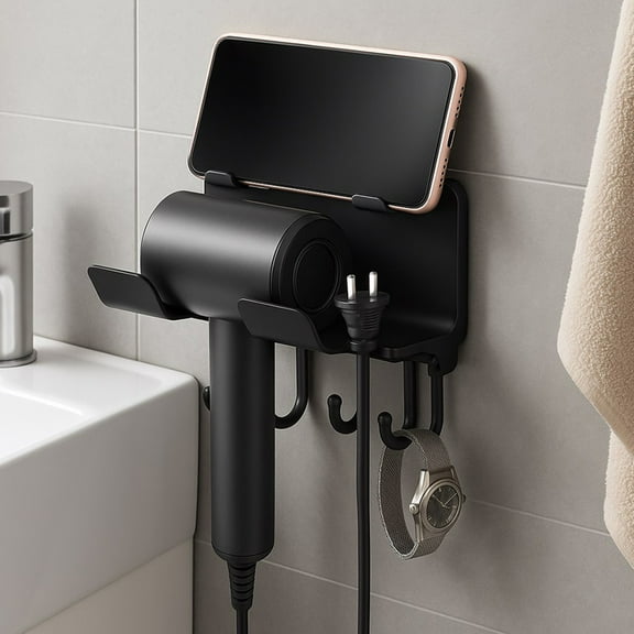 No-Drill Wall Mounted Hair Dryer Holder with Hook and Phone Support, Multifunctional Thickened Bathroom Organizer for Space-Saving Storage, Keeps Countertops Clutter-Free T