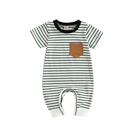 

Newborn Baby Boys Summer Stripe Jumpsuit Infant Casual Round Neck Contrast Color Short Sleeve Romper