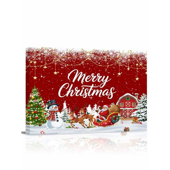 Merry Christmas Canvas Print Wall Art Framed Canvas Art Wall Decor Red Santa Claus Snowman Pine Tree Snow Farm Pictures Painting Morden Artwork for Living Room Bedroom, Ready to Hang - 12"x16"
