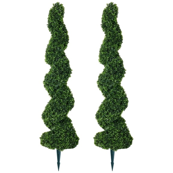 DR.Planzen 2 Pack 4FT Artificial Spiral Topiary Tree, UV Resistant Faux Boxwood Plant with Metal Spikes for Outdoor Indoor, Garden Porch Patio Decor