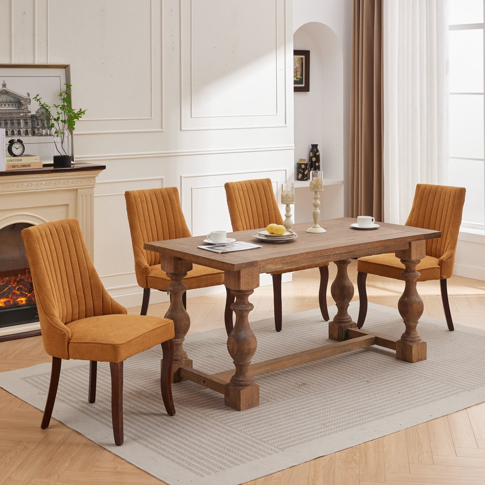 Aukfa Modern Linen Dining Chairs Set of 2, Upholstered Kitchen Side Chair Accent Chair w/ Curved Solid Wood Legs,Yellow