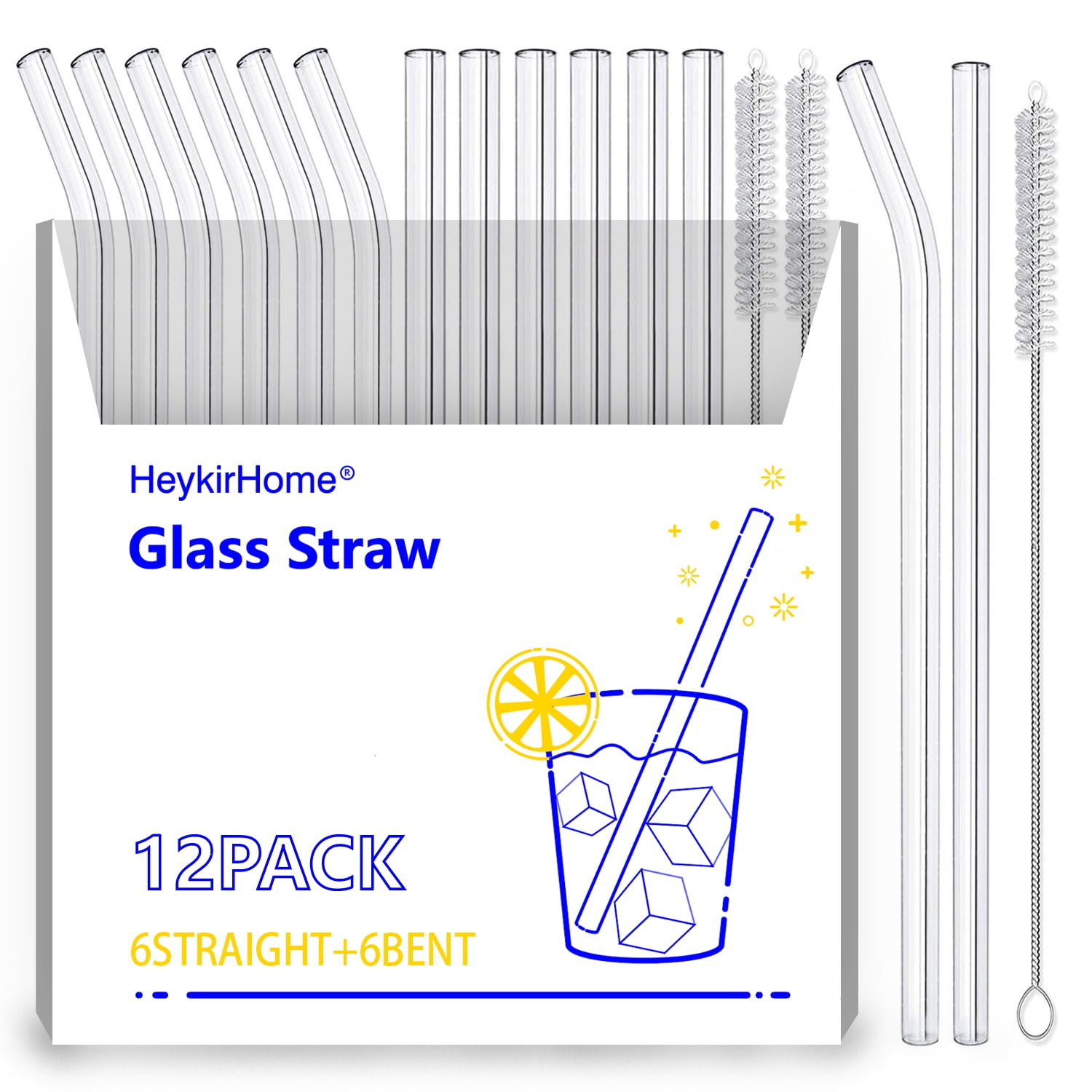 Tea Double Colors Juice- HeykirHome 6-Pack Reusable Glass Straw-Double Colors,Size 8.5''x10 MM,Including 3 Straight and 3 Bent with 2 Cleaning Brush- Perfect For Smoothies 