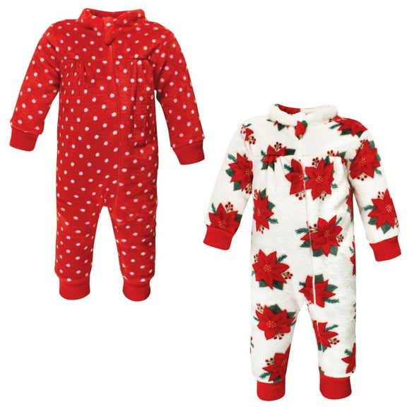 Hudson Baby Infant Girls Plush Jumpsuits, Poinsettia, 0-3 Months