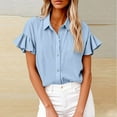 thumbnail image 2 of Ladies Linen Button down Shirt Solid Ruffle Short Sleeve Tops V Neck Collared Button up Summer Blouses Tees (M, Sky Blue), 2 of 5