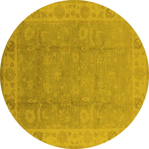 Ahgly Company Machine Washable Indoor Round Oriental Yellow Industrial Area Rugs, 8' Round