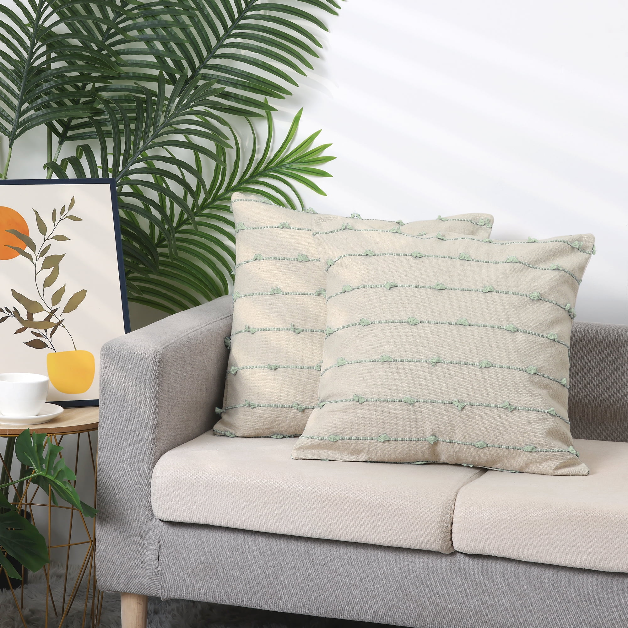 Unique Bargains 4 Pcs Striped Boho Pillow Covers Modern Square Neutral Decorative Cushion Green 18" x 18"