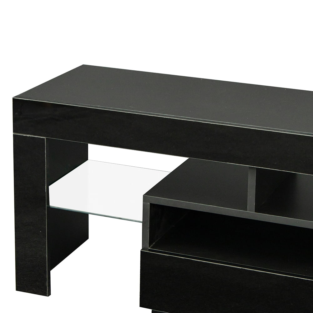 Kadyn TV Stand Cabinet, Modern TV Console with 2 Drawers & 2 Open Shelves, 20-color RGB LED lights with Remote, Particle Board Corner TV Console Table for Living Room, Black