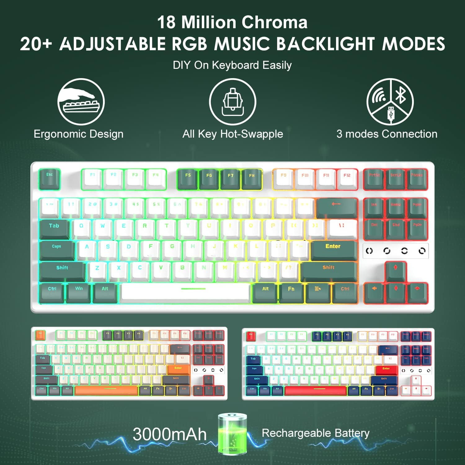 Attack Shark Gaming Keyboard 2.4G/BT5.0/USB-C Cable,Hot-swap Tactile Switch,RGB,3000mAh for PC