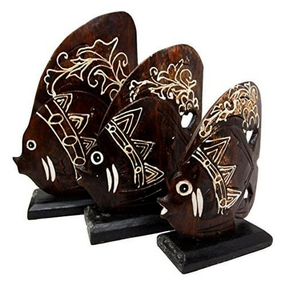 Balikraft Hand Made Wood Artisans "Ikan Koler" Crown River Angel Fish Family Set of 3 Decorative Figurines 10.25"H