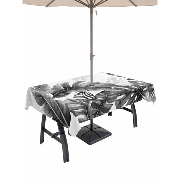 Outdoor Tablecloth with Umbrella Hole and Zipper, Grey Black Leaves Rectangle Table Cloth 60x120 Inch Waterproof Tablecloth, Summer Botanical Watercolor Leaf Picnic Table Cover for Patio Camping