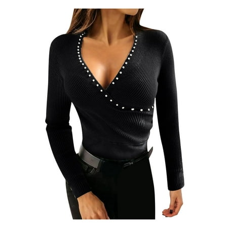 

GWAABD Long Sleeve Pajama Tops For Women Spring And Summer Fashion V-neck Long-sleeved Slim-fitting Pearl Top