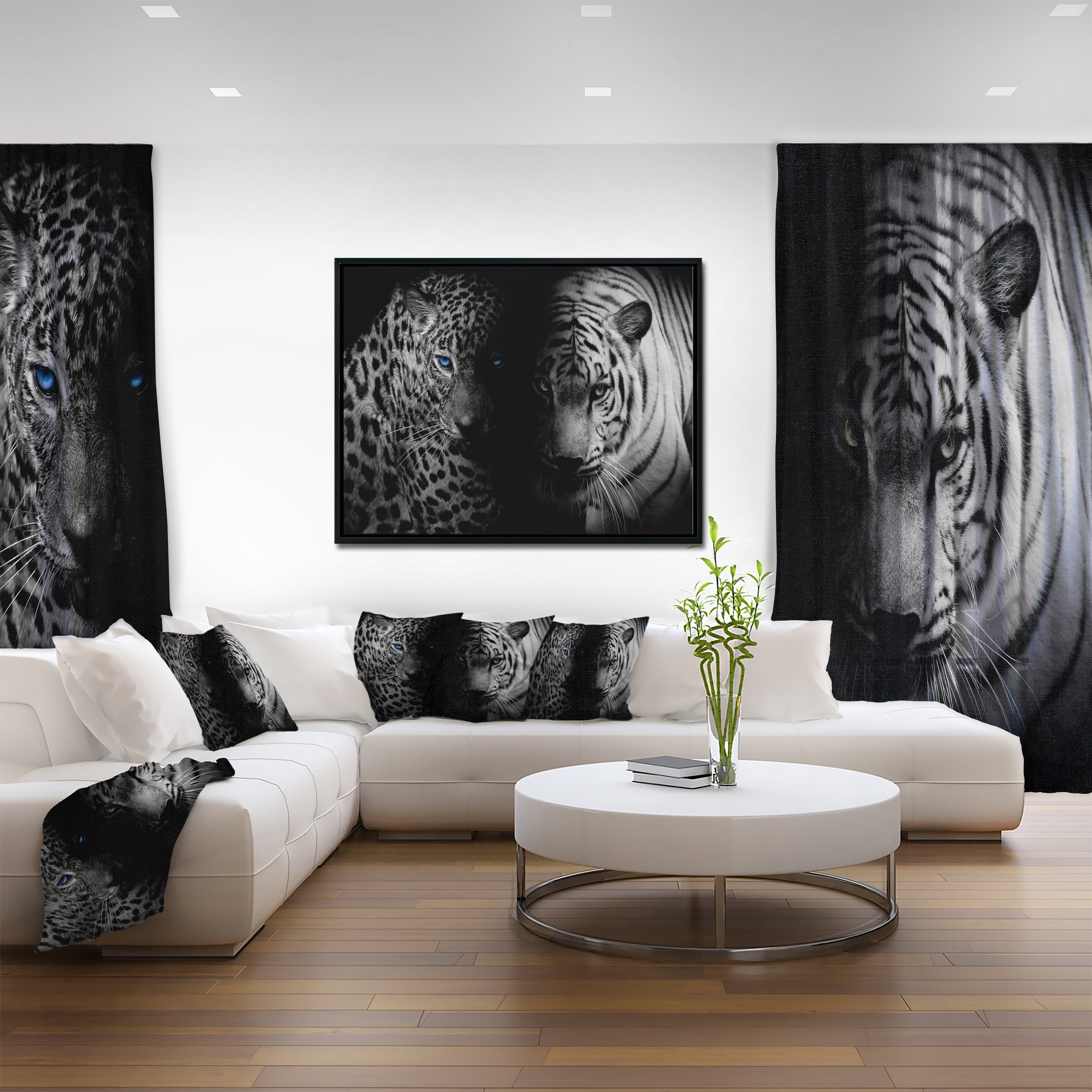 Designart ' Leopard and Tiger in Black ' Animal Framed Canvas Art Print