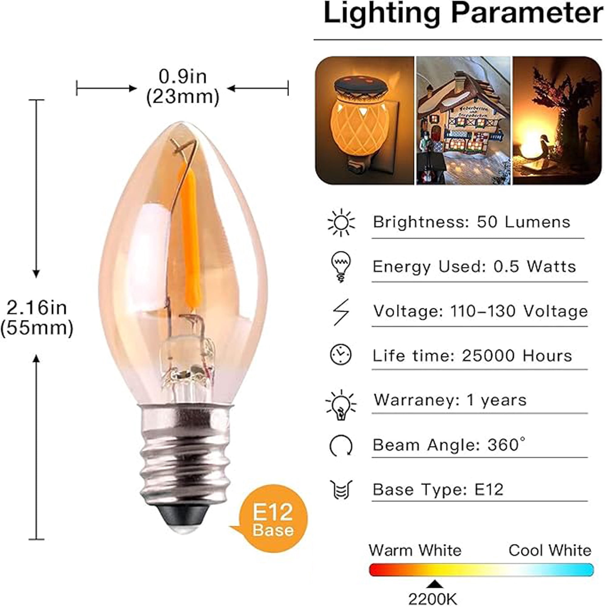 Gold C7 LED Light Bulbs, 0.5W E12 Base, 2700K Warm White, Energy Efficient Dimmable Candle Bulbs, for Chandeliers & Indoor Decorative Lighting, 25Pack