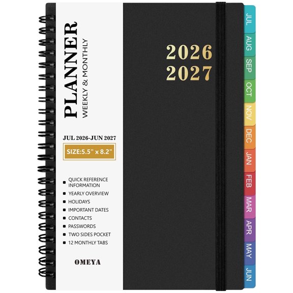 OMEYA Planner 2026 2027, Small Planner 2026-2027 Weekly and Monthly, Jul.26 - Jun.27 Academic Planner 5.8 x 8.3in with Inner Pockets, Monthly Tabs, Elastic Closure, Great School, Girls