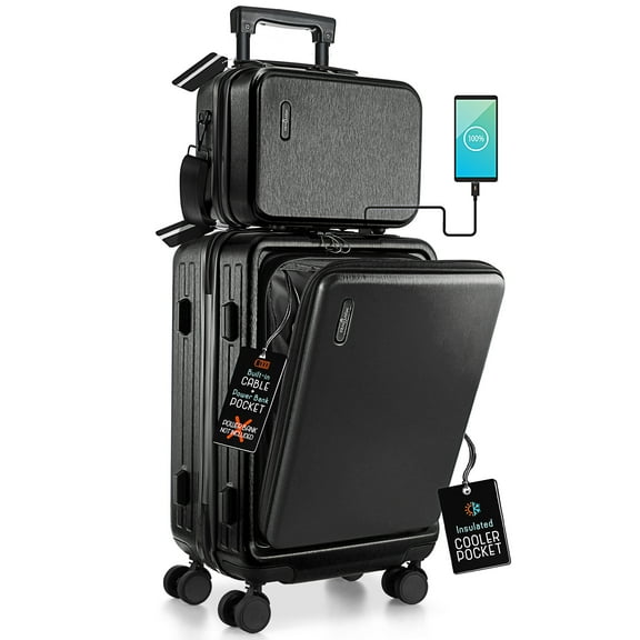 Virtu 20 inch Hardside Carry-On Expandable Luggage, Front Pocket Luggage Set Spinner Suitcase Set, Black
