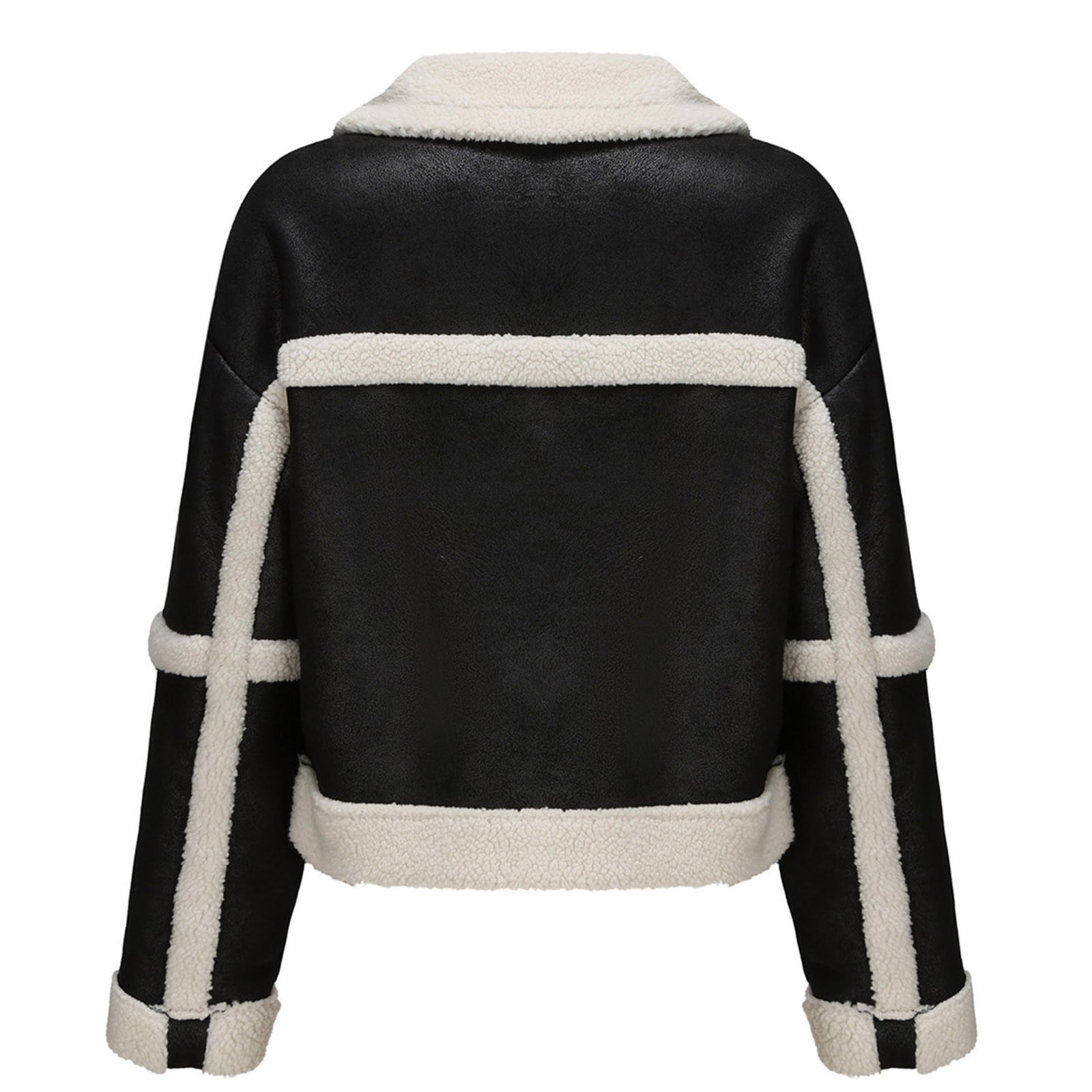 Women Cropped Sherpa Moto Jacket Lapel Faux Leather Coat Fleece