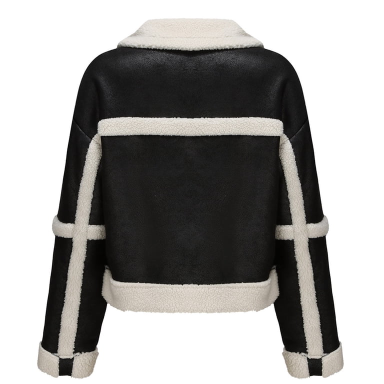 Women Cropped Sherpa Moto Jacket Lapel Faux Leather Coat Fleece