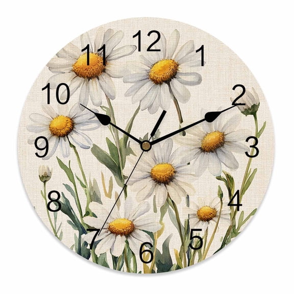 Silent Wall Clocks Battery Operated, White Daisy Floral Round Decorative Wall Clock for Living Room Bedroom Kitchen Bathroom Classroom Decor, 10 Inch Rustic