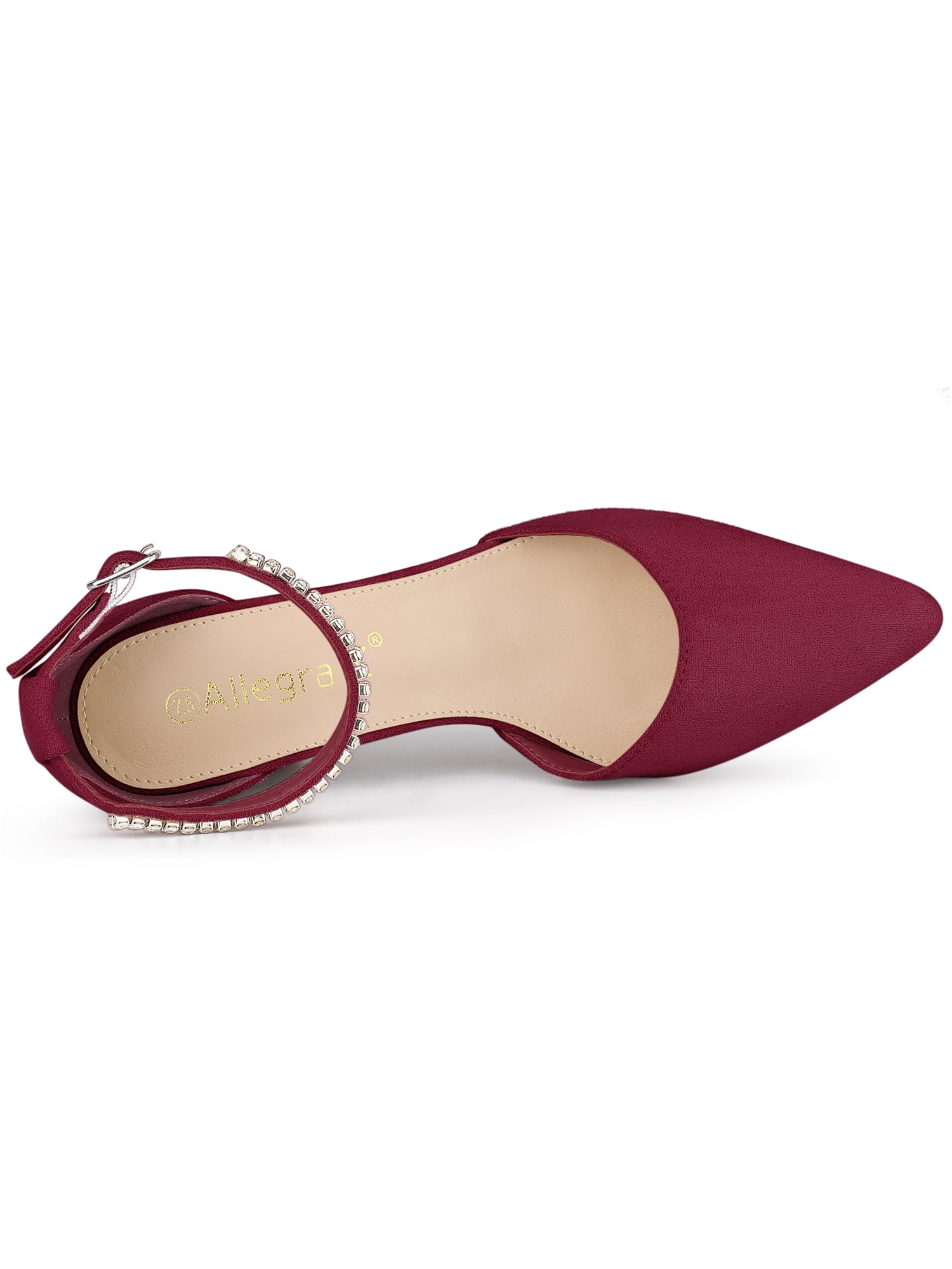 DARING DIVA Women's Pointed Toe Rhinestone Ankle Strap Chunky Heels Pumps Burgundy 10