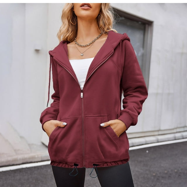 Femmes Jacket Sweatshirts d'Automne For Femmes Zip Sweat à Capuche Cordon de Serrage Jacket avec Poches Coat Winter Coats For Filles sur Clearance