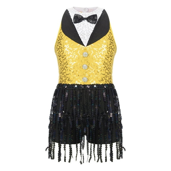 SiiRoh Girls Sequins Latin Dance Leotard Tassel Tuxedo Jazz Modern Dance Jumpsuit Gymnastic Skating Yellow 8