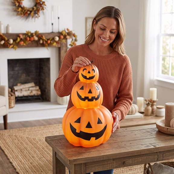 JHRGJIO Light Up Stacked Pumpkin Decor, 3 Tier Halloween Pumpkin Figurine Accent, Warm LED Light Battery Operated Tabletop Ornament Indoor Home Mantel Halloween Decorations