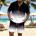 thumbnail image 2 of Men Shorts Outfit Gradient Ombre Waffle Knit 2 Piece Set,Zip Polo With Los Angeles Letter Print & Drawstring Black XXL, 2 of 4