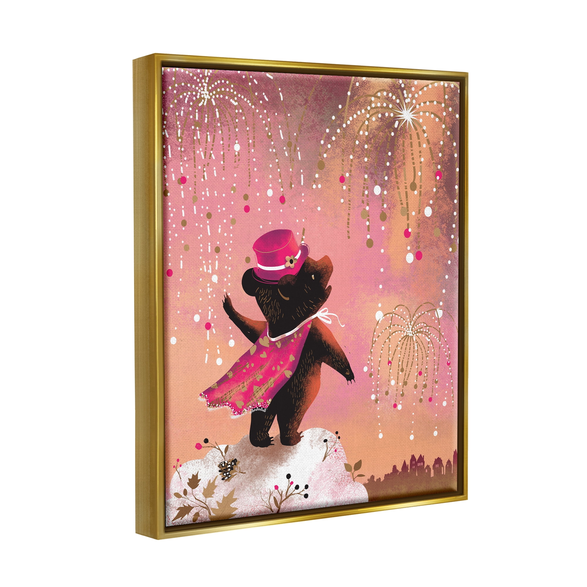 Stupell Industries Whimsical Bear with Fireworks Animals & Insects Painting Gold Floater Framed Canvas Art Print Wall Art, 25 x 31