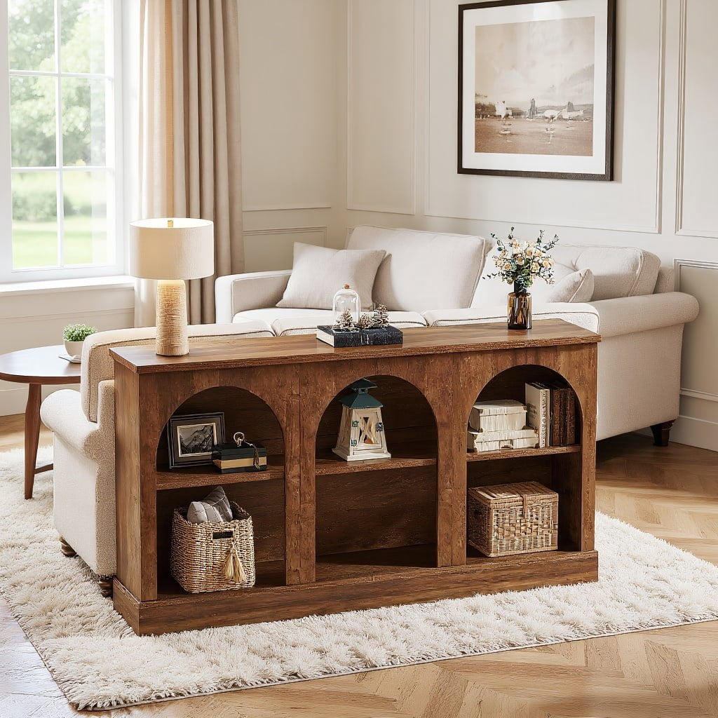 Resenkos 3-Tier Storage Console Table, Rustic Entryway Decor, Space-Saving Home Accessory, Sturdy Farmhouse Style, Rustic Brown