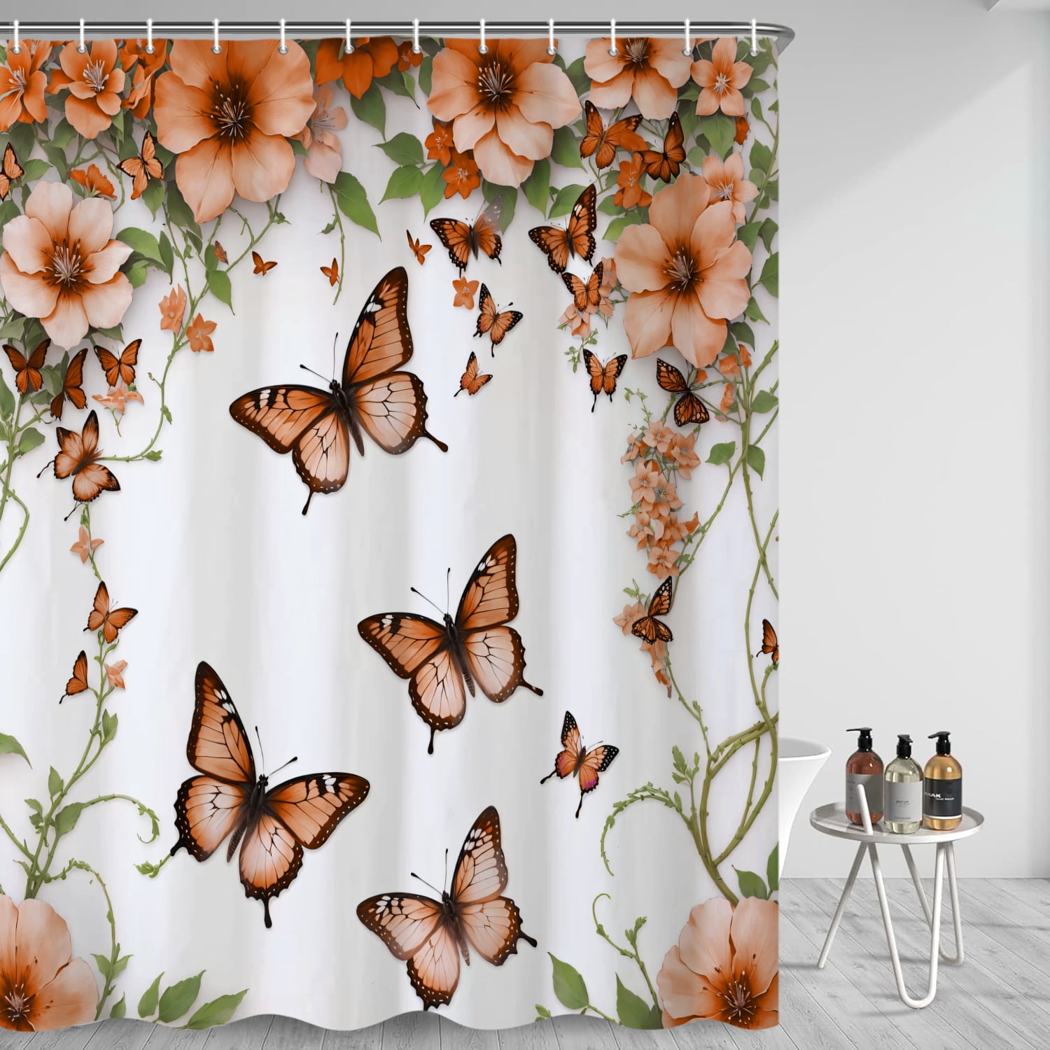SUNOLIFE Butterfly Shower Curtain,Orange Spring Floral Fabric Bathroom Curtain with Hooks,47x64 in
