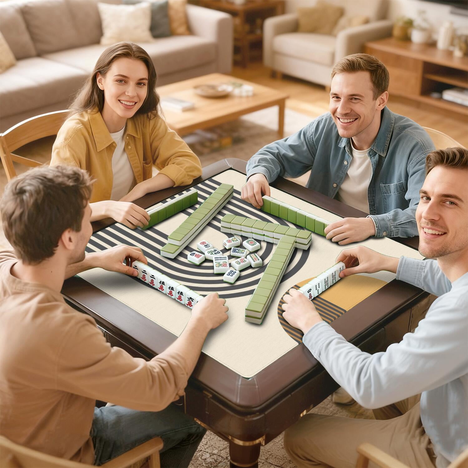 Decorative Boho Pattern Extra Large Anti-Slip Mahjong Mat 31.5x31.5 Inch Rubber Surface with Noise Reduction for Board Games and Game Room Decor