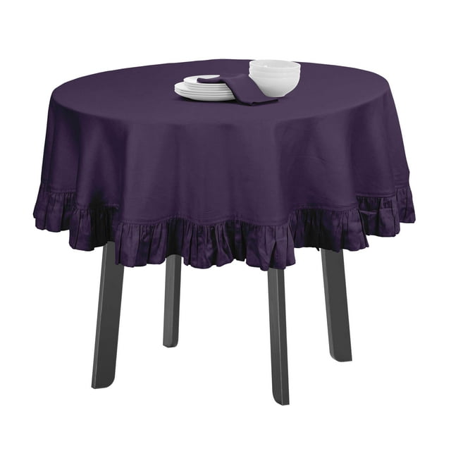 Vargottam Ruffle Tablecloth Kitchen Dining Tabletop Cover Decoration Cotton Solid Table Cover Round, Purple-54 Inches Diameter