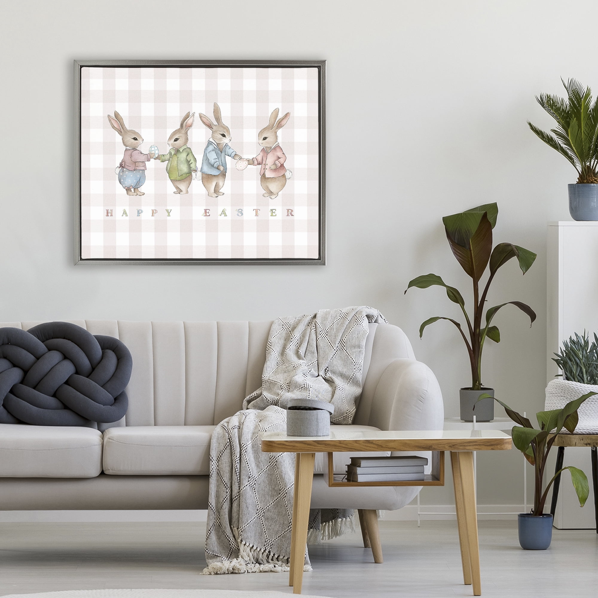 Stupell Industries Easter Bunnies Pink Gingham Gray Framed Floater Canvas Wall Art, design by Leah Straatsma