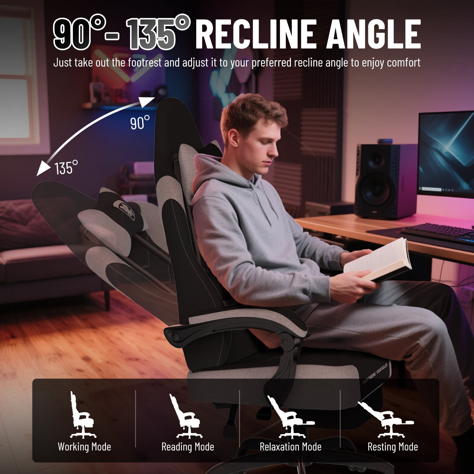 Luxvie Linen Fabric Gaming Chair with Footrest, High Back Ergonomic Computer Chair with Massage Lumbar Pillow, Gamer Chair with Adjustable Headrest, Comfortable Office Chair for Home & Gaming, Black