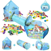 3 in 1 Portable Toddler Kids Play Tent House Crawl Tunnel Ball Pit In/Outdoor with PopUp Playhouse Tent, Basketball Hoop Set for Kids, Polyester