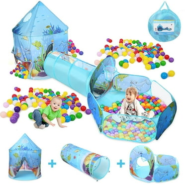 3 in 1 Portable Toddler Kids Play Tent House Crawl Tunnel Ball Pit In/Outdoor with PopUp Playhouse Tent, Basketball Hoop Set for Kids, Polyester
