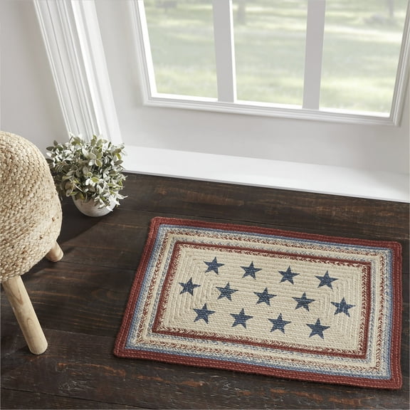 VHC Brands Celebration Braided Jute Rug, Non-Skid Pad, Door Mat, Rectangle, Red Creme Blue, 20x30
