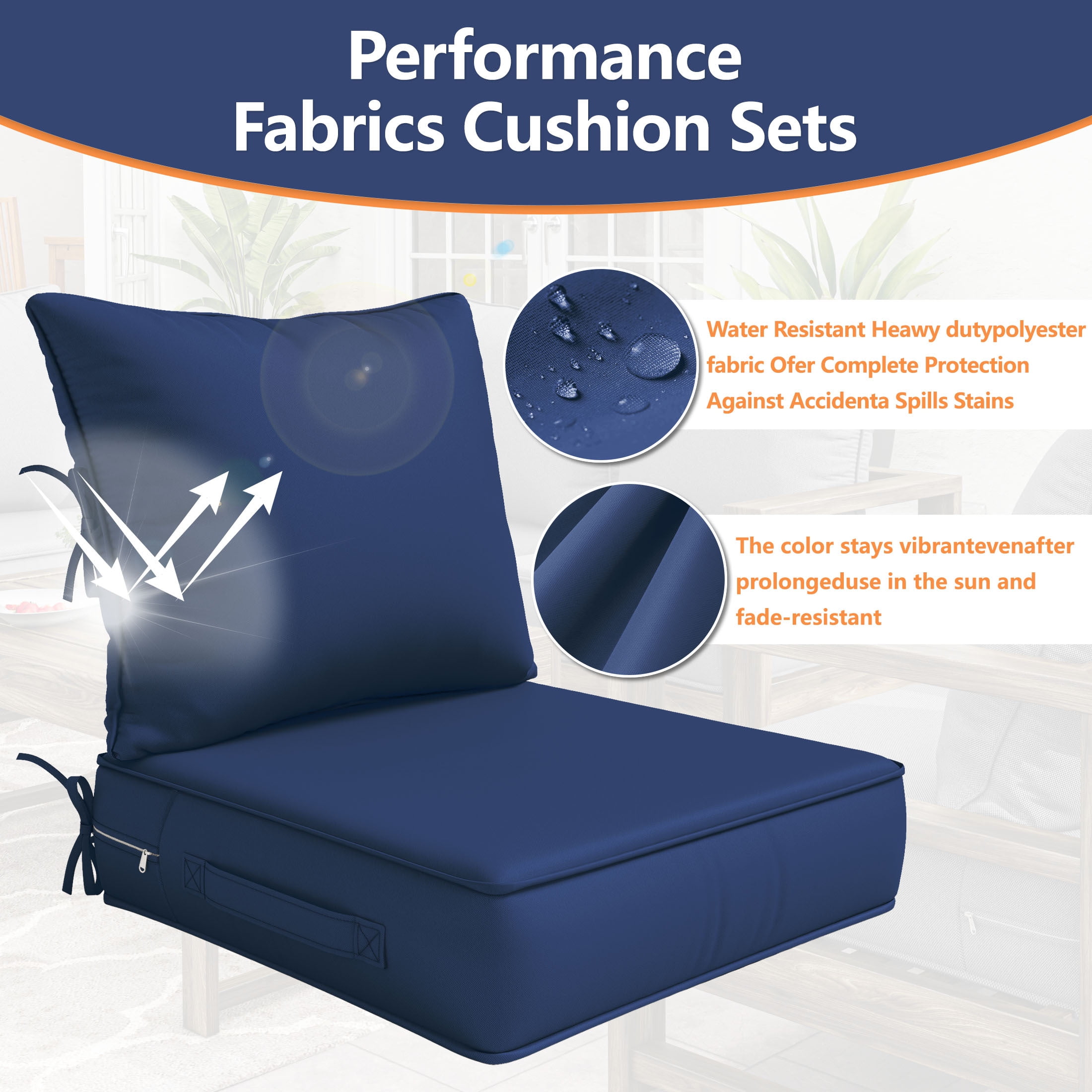 Kimunuk Outdoor Deep Seat Cushion Set for Patio Furniture, Splash-Proof & Fade Resistant, 22" L X 22" W X 4" H, Blue