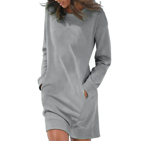 Fesfesfes Women Dress Casual Comfortable Long Sleeve Round Neck Solid Color Dress Clothes Sale